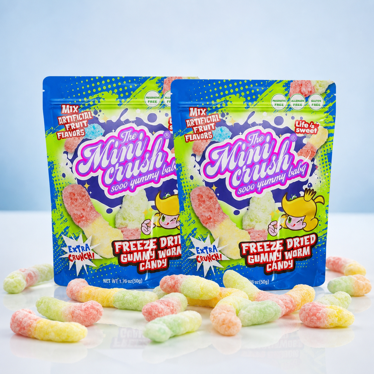 MiniCrush Freeze-Dried Gummy Worm Candy – 2 × 1.76 oz Bags