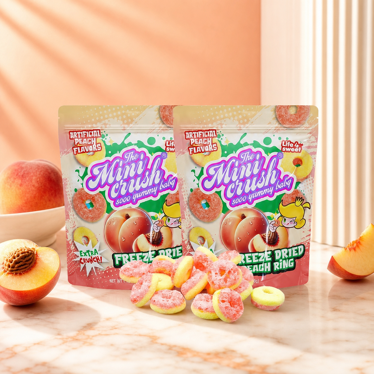 MiniCrush Freeze-Dried Peach Ring Candy – 2 × 1.76 oz Bags
