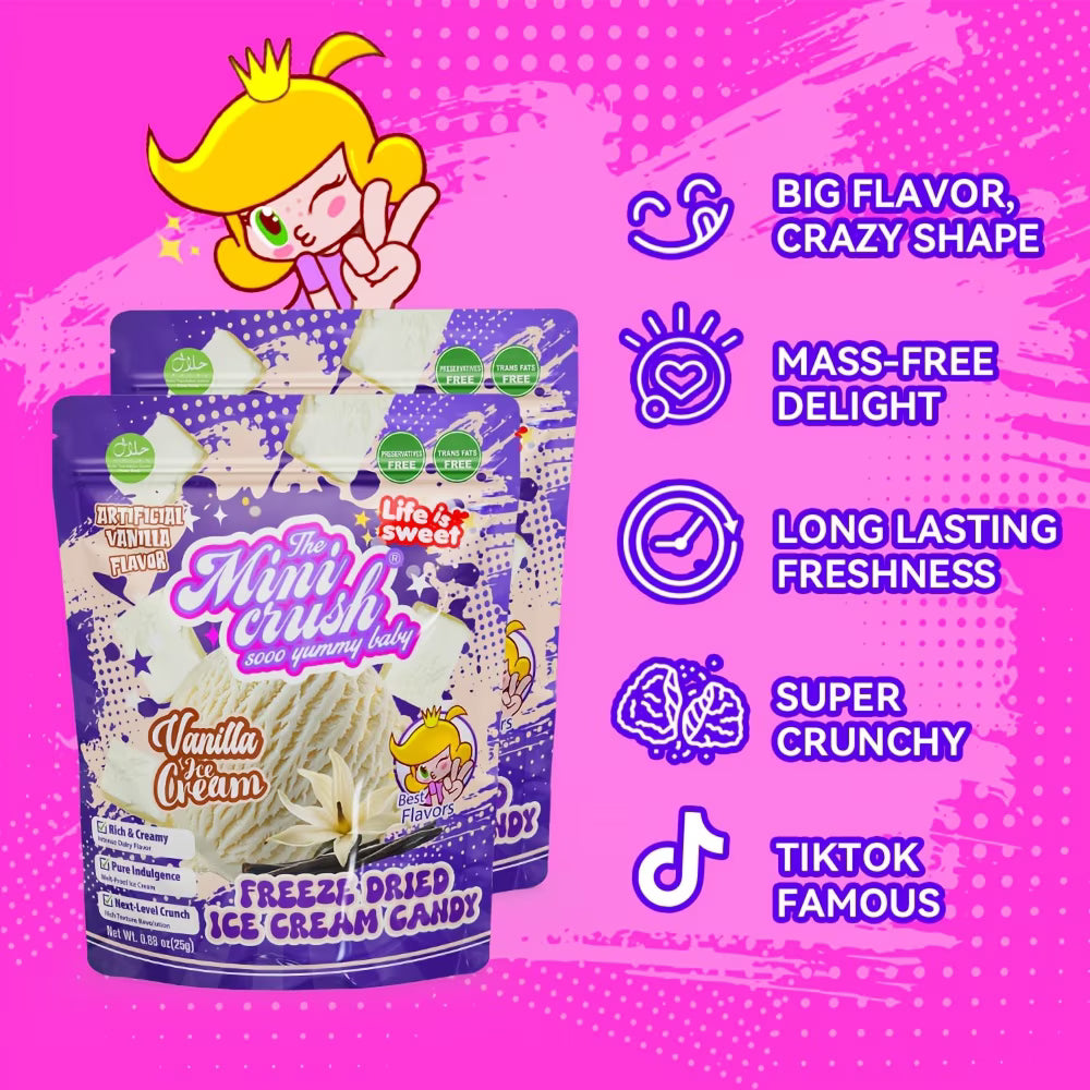 Minicrush Freeze Dried Vanilla Ice Cream Bites, Extra Crunchy Melt-in-Your-Mouth Ice Cream Snack, Resealable Box Pack, 50g