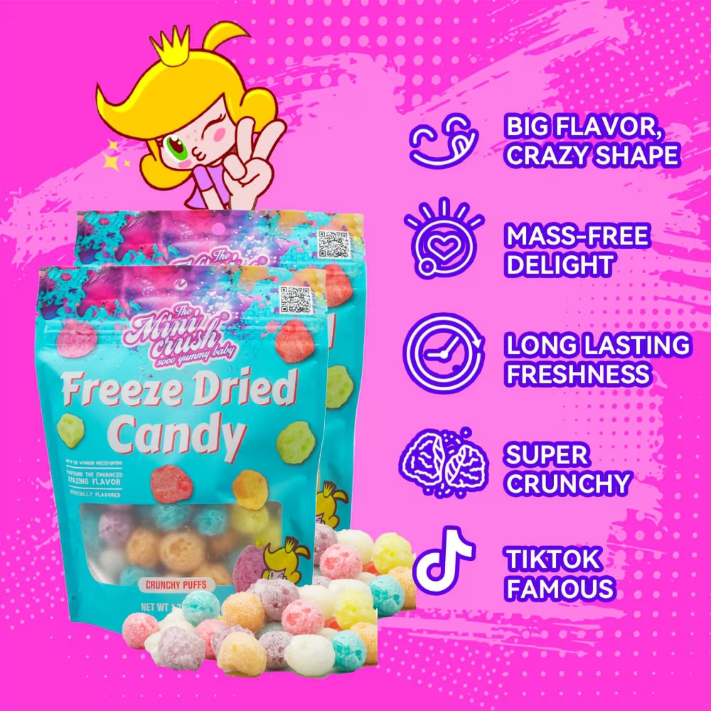 Minicrush Freeze Dried Mini Puffs Candy, Sweet Crunchy Melt-in-Your-Mouth Snack, Resealable Bag