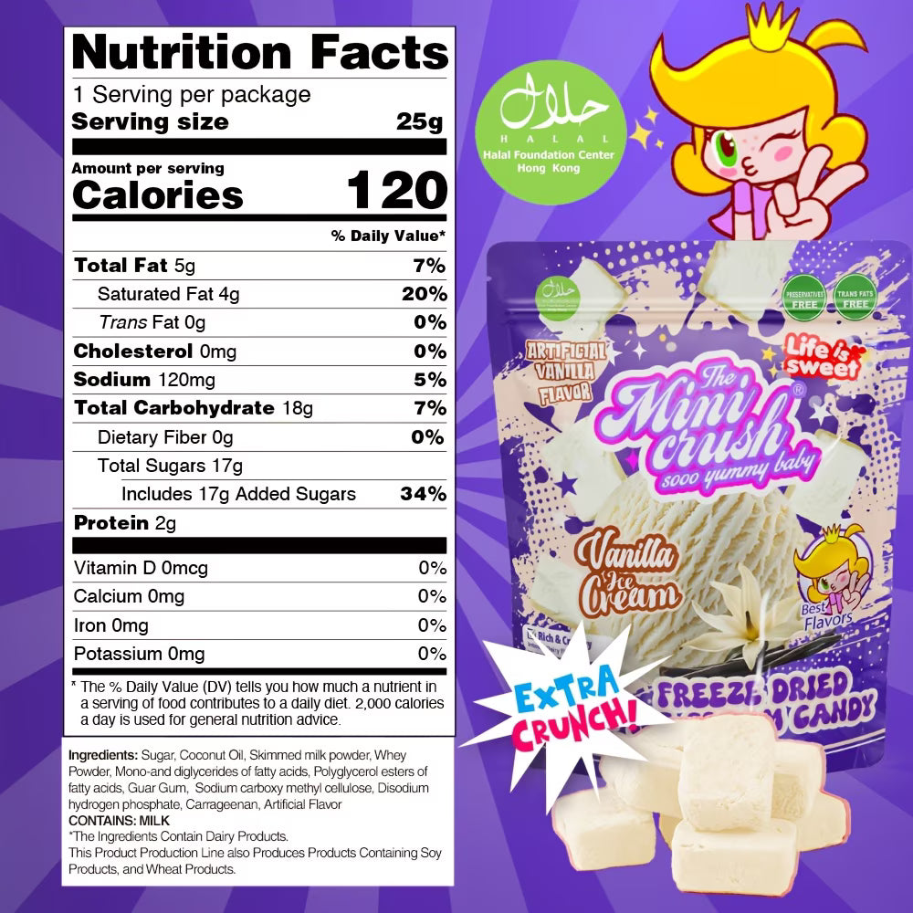 Minicrush Freeze Dried Vanilla Ice Cream Bites, Extra Crunchy Melt-in-Your-Mouth Ice Cream Snack, Resealable Box Pack, 50g