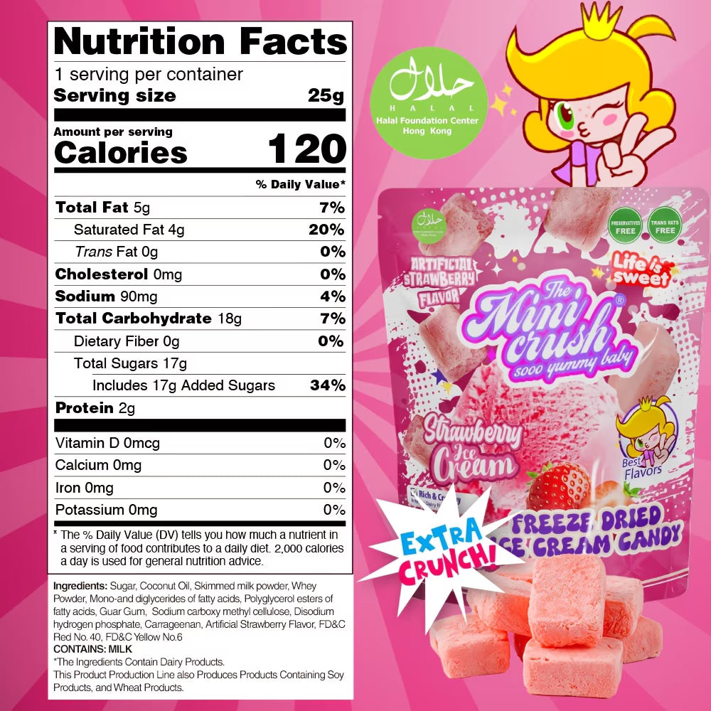 Minicrush Freeze Dried Strawberry Ice Cream Bites, No-Melt Crunchy Creamy Ice Cream Snack, Shelf-Stable Treat for Travel, Camping, and Lunchboxes