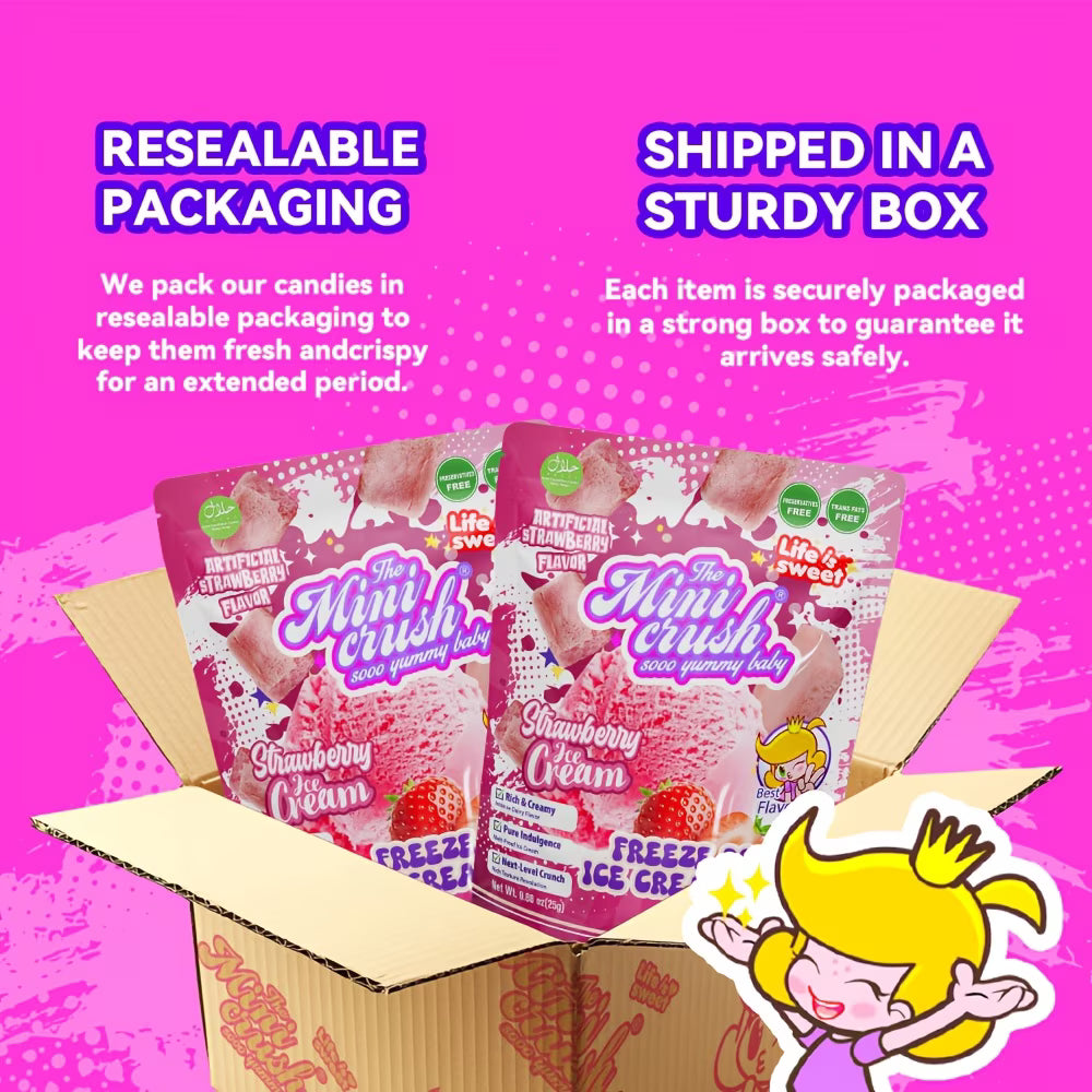 Minicrush Freeze Dried Strawberry Ice Cream Bites, No-Melt Crunchy Creamy Ice Cream Snack, Shelf-Stable Treat for Travel, Camping, and Lunchboxes