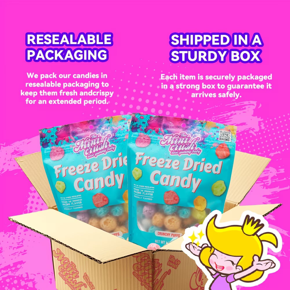 Minicrush Freeze Dried Mini Puffs Candy, Sweet Crunchy Melt-in-Your-Mouth Snack, Resealable Bag