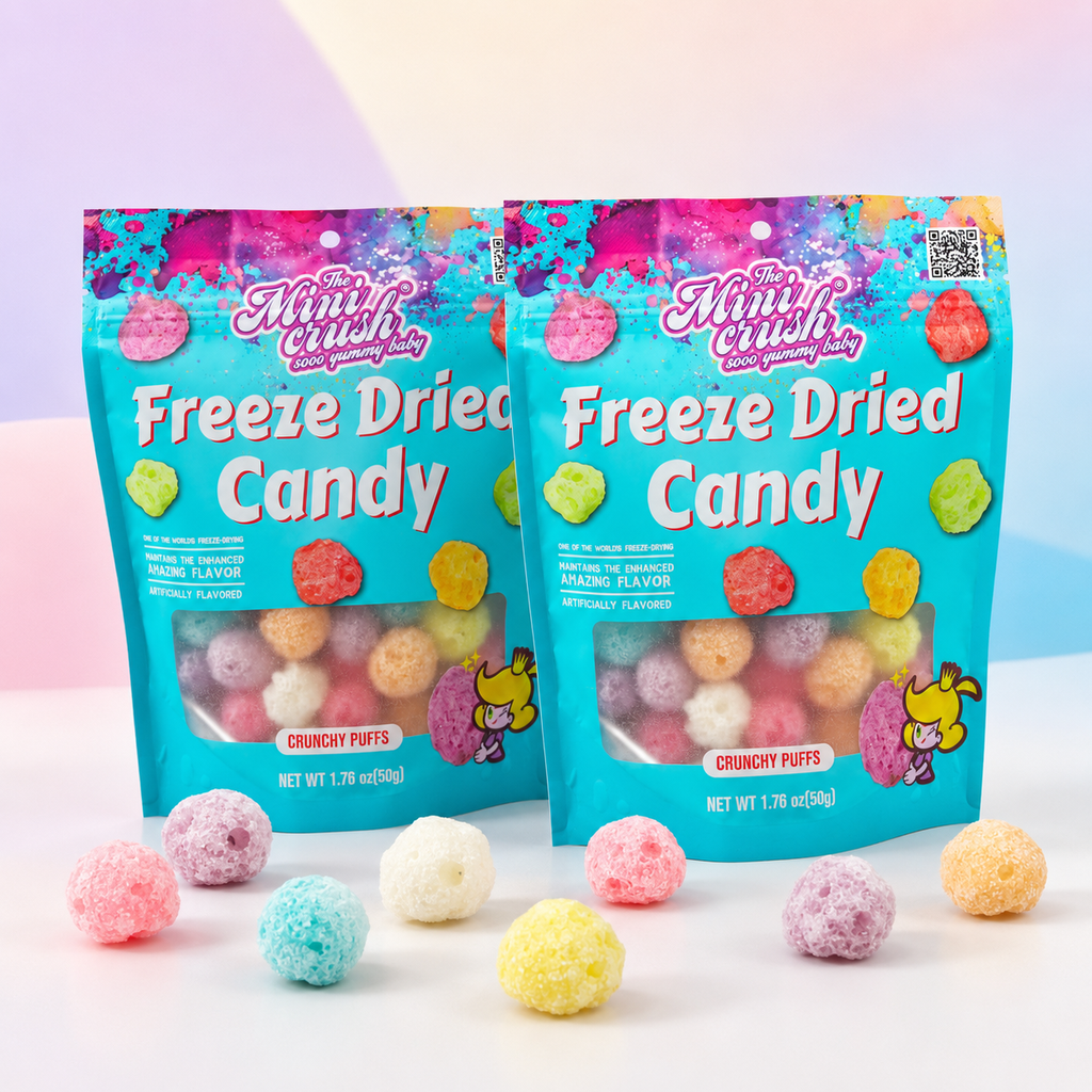 MiniCrush freeze-dried fruity candy puffs in two 1.76 oz resealable bags