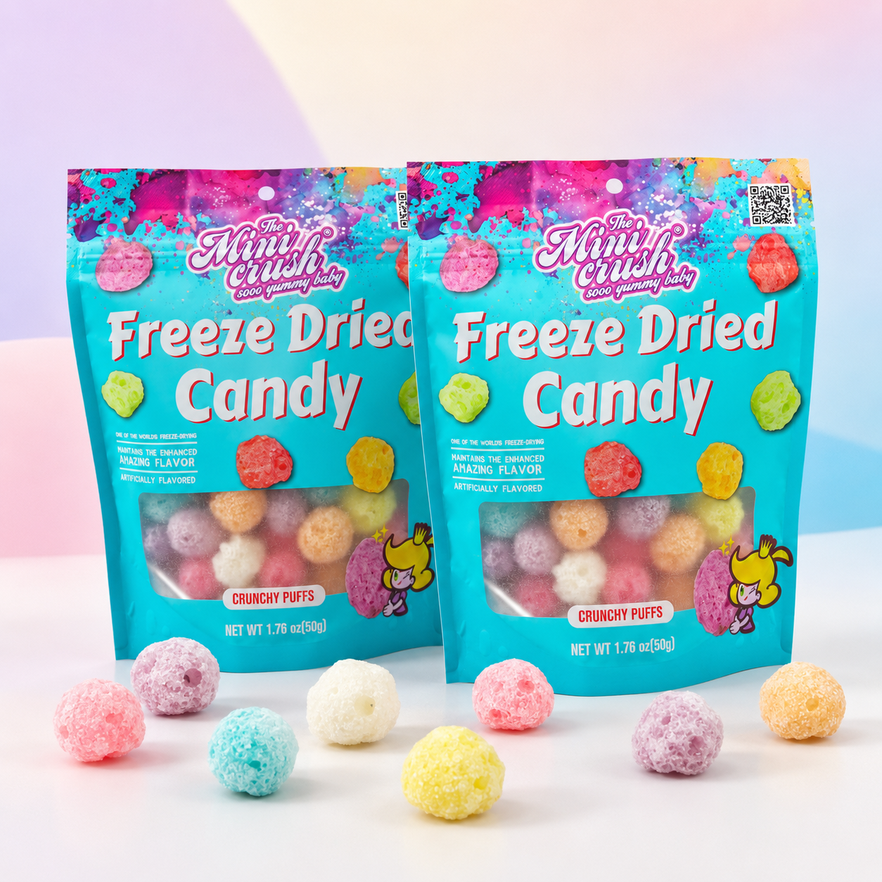 MiniCrush freeze-dried fruity candy puffs in two 1.76 oz resealable bags