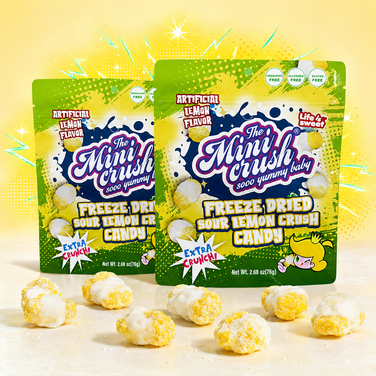 MiniCrush freeze-dried sour lemon candy in two 2.68 oz resealable bags
