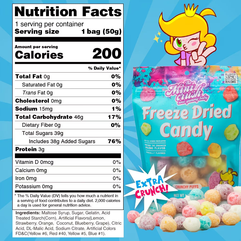Minicrush Freeze Dried Mini Puffs Candy, Sweet Crunchy Melt-in-Your-Mouth Snack, Resealable Bag