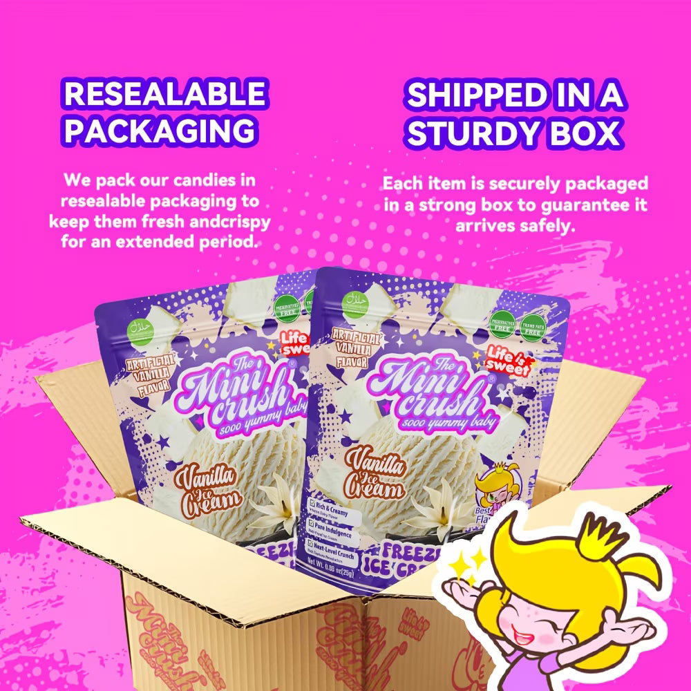 Minicrush Freeze Dried Vanilla Ice Cream Bites, Extra Crunchy Melt-in-Your-Mouth Ice Cream Snack, Resealable Box Pack, 50g