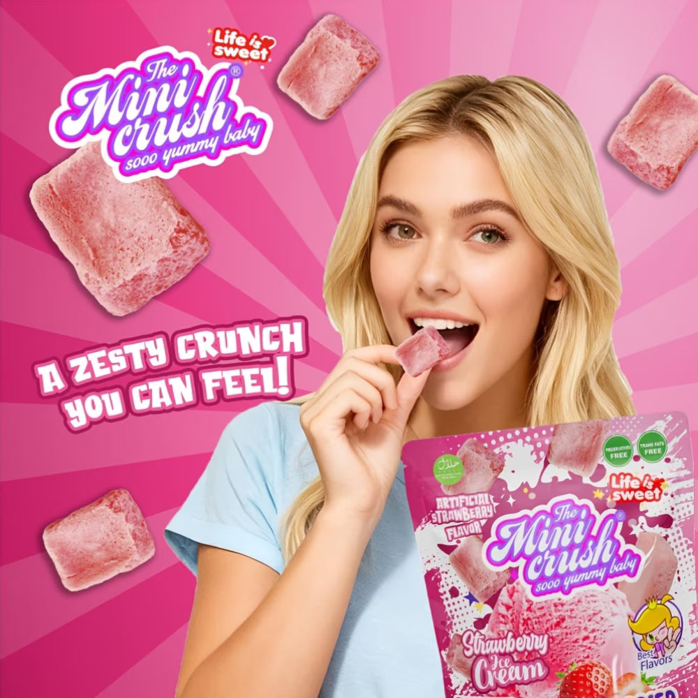 Minicrush Freeze Dried Strawberry Ice Cream Bites, No-Melt Crunchy Creamy Ice Cream Snack, Shelf-Stable Treat for Travel, Camping, and Lunchboxes