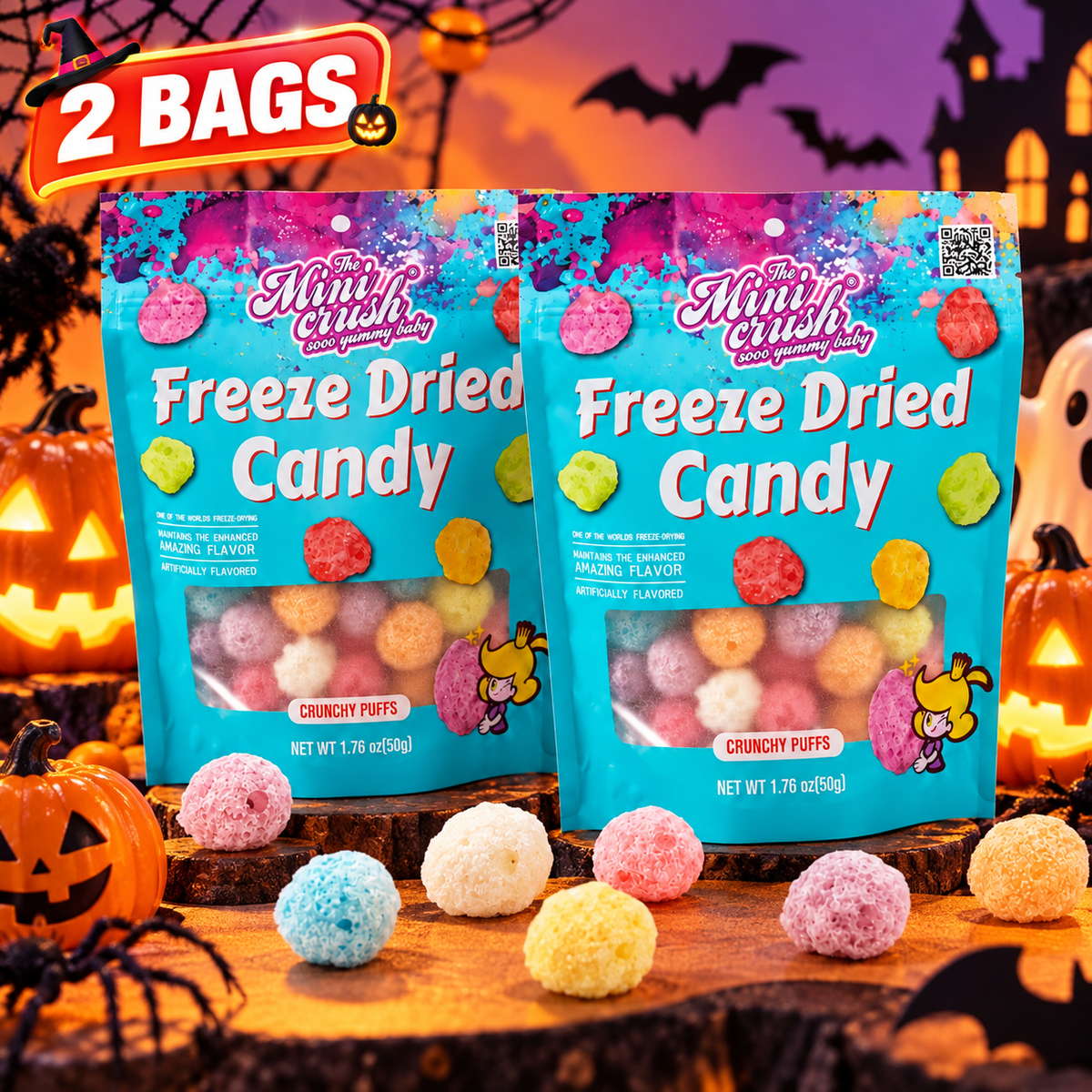 MiniCrush Freeze-Dried Fruity Candy Puffs – 2 × 1.76 oz Bags