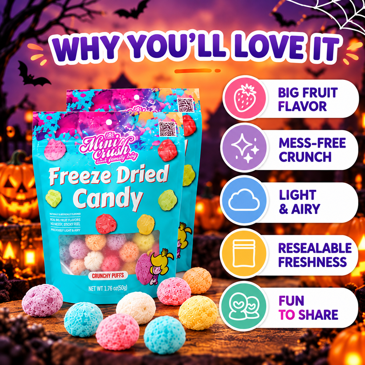 MiniCrush Freeze-Dried Fruity Candy Puffs – 2 × 1.76 oz Bags