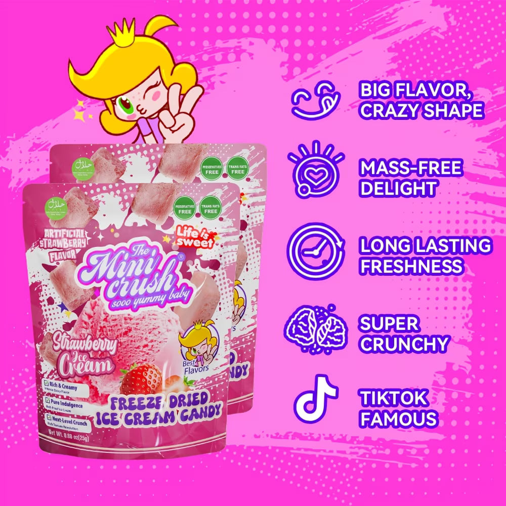 Minicrush Freeze Dried Strawberry Ice Cream Bites, No-Melt Crunchy Creamy Ice Cream Snack, Shelf-Stable Treat for Travel, Camping, and Lunchboxes