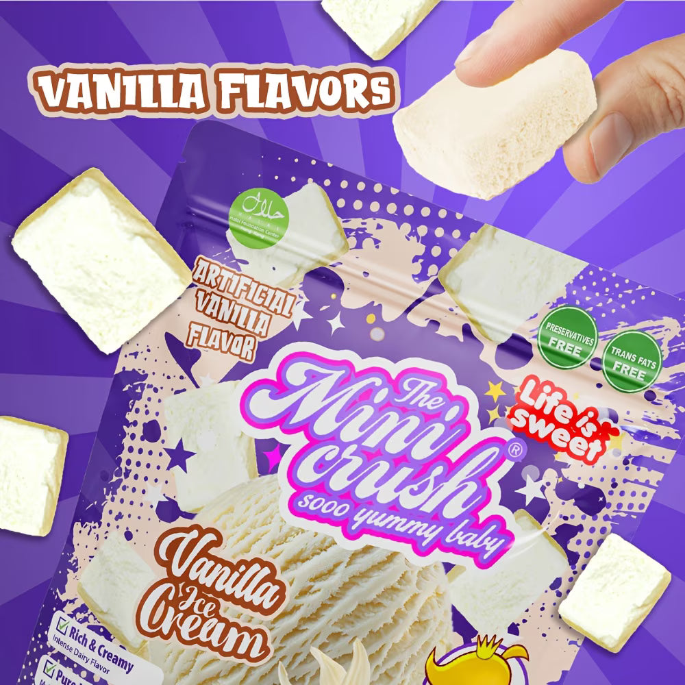 Minicrush Freeze Dried Vanilla Ice Cream Bites, Extra Crunchy Melt-in-Your-Mouth Ice Cream Snack, Resealable Box Pack, 50g