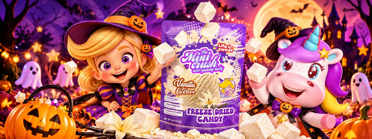 MiniCrush Halloween banner with the witch girl, unicorn and Vanilla Ice Cream freeze-dried candy pouch