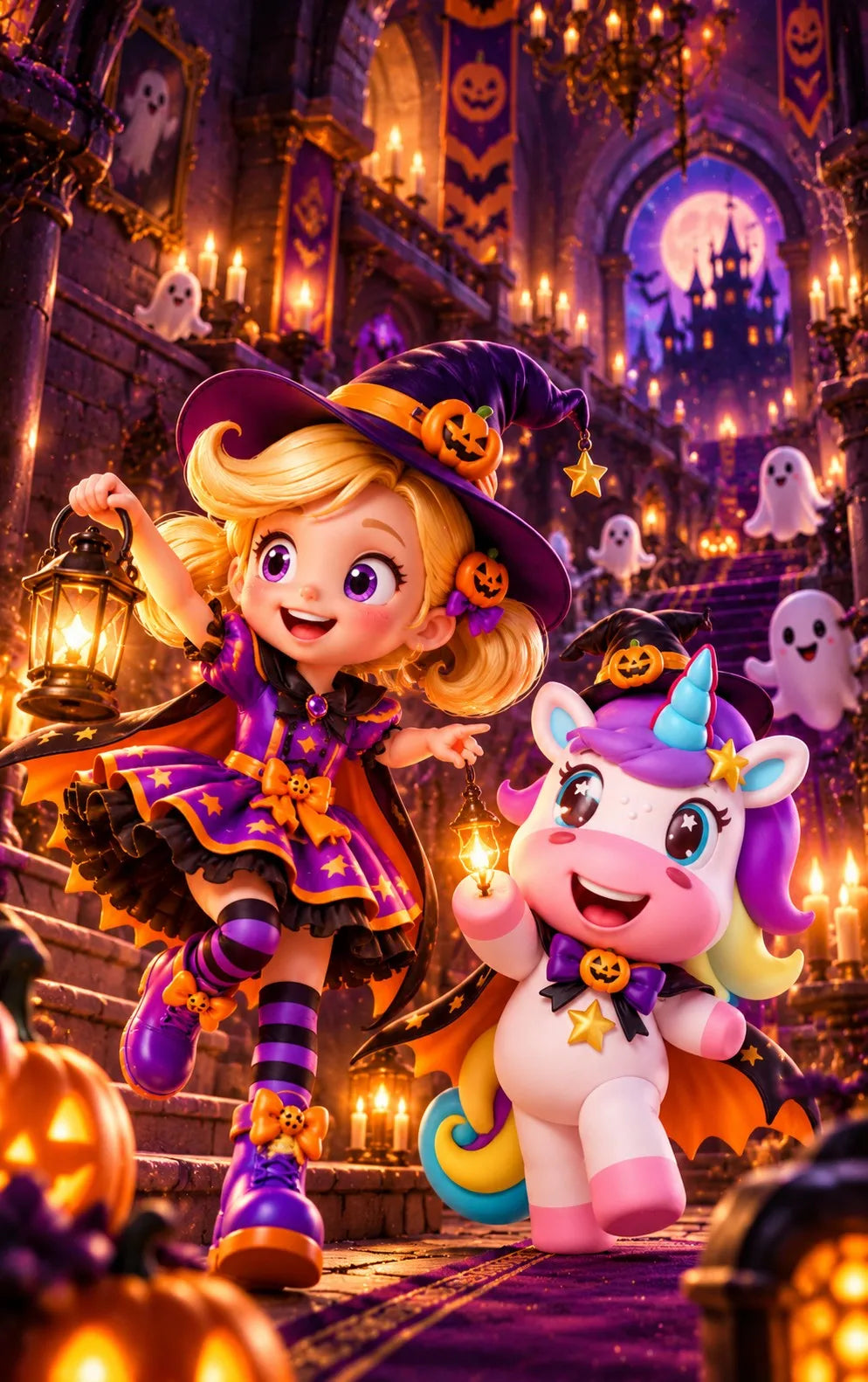 MiniCrush witch girl and unicorn mascot with lanterns on a candlelit castle staircase